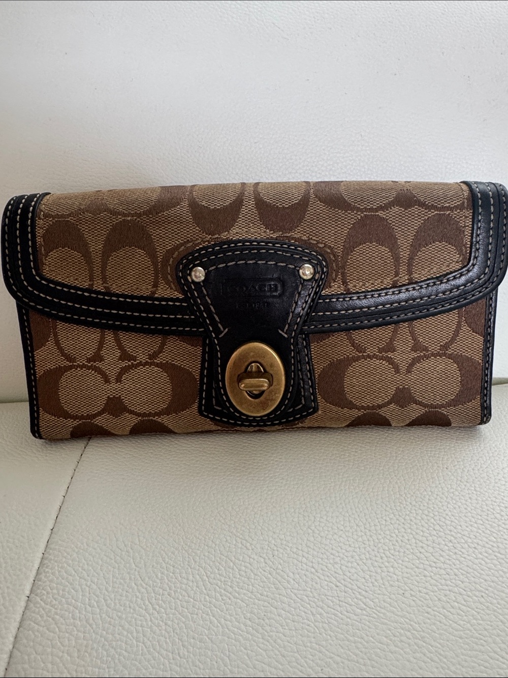 Coach Brown Signature Canvas Wallet with Black Leather Trim